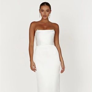 Meshki strapless white satin dress